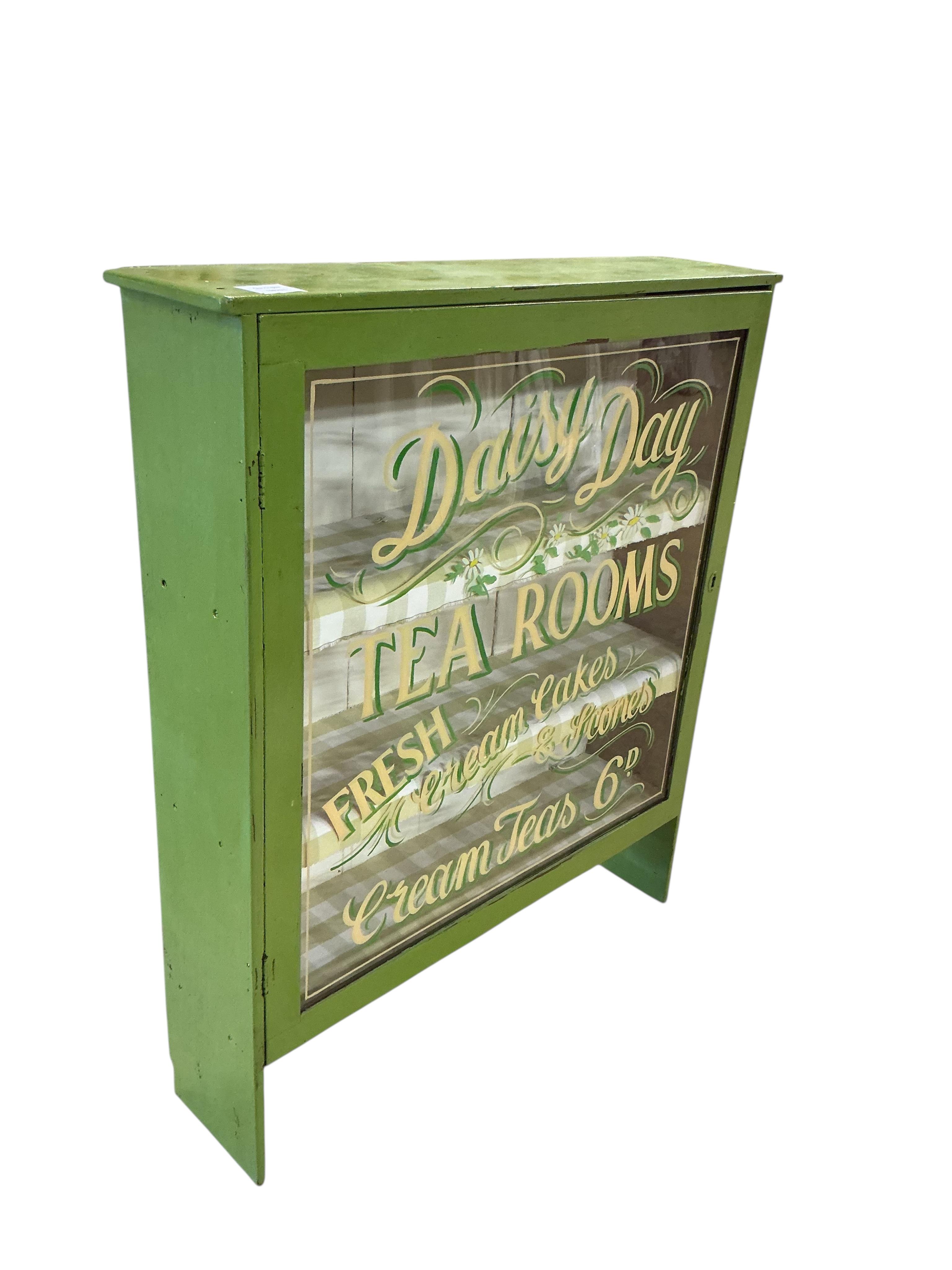 A vintage style Daisy Day Tea Rooms display cabinet, width 72cm, depth 17cm, height 85cm